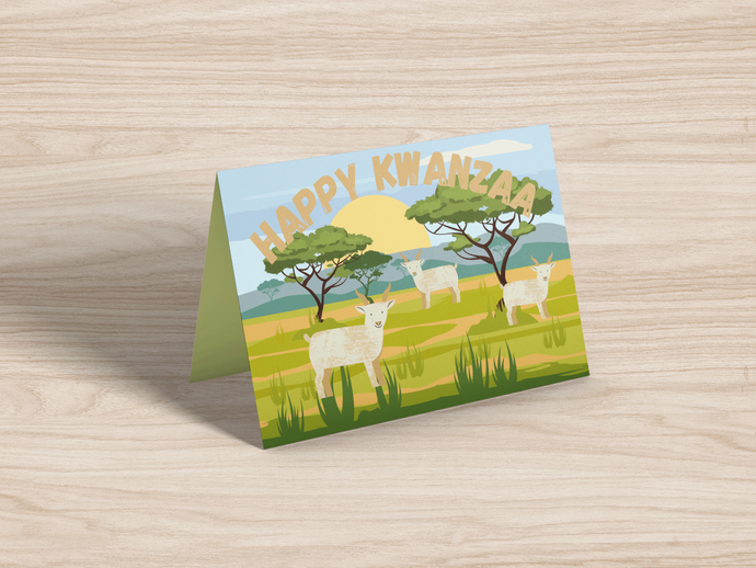 goats on a African savannah grazing_Happy Kwanzaa - Funny Goat Greeting Card